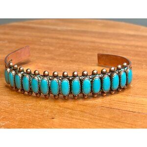 Vtg Petit Point Turquoise Copper Cuff Bracelet Southwestern Boho Signed WM Co